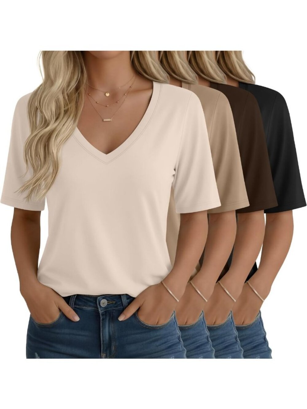 4 Pack Women's Casual V-Neck Half Sleeve Tops - Stylish & Versatile Tees